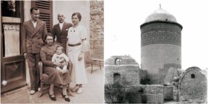 The photographer Paul Servant with his family, and Gunbad-i Pir-i Alamdar in Damghan, Iran as photographed by Robert Byron (1905-1941) 