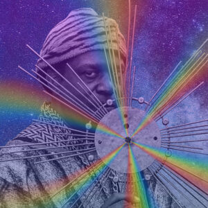 A purple-tinted photo portrait of Afrofuturistic pioneer Sun Ra dressed in a robe and head covering, both with graphic prints. They hold a radial circle with rainbow prisms emitting from the center. In the background is a sky with stars.