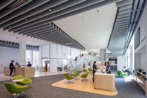 View of the information desk at Hayden Library, looking east.